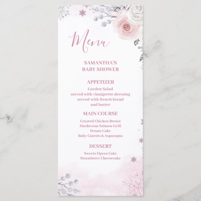 Winter Pastel Pink Snowflake Sleigh Baby Shower Menu (Front)