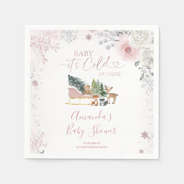 Winter Pastel Pink Snowflake Sleigh Baby Shower Napkin (Front)