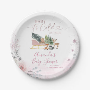Winter Pastel Pink Snowflake Sleigh Baby Shower Paper Plate