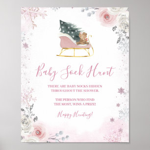 Winter Pastel Pink Snowflake Sleigh Baby Sock Hunt Poster