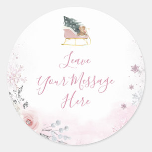 Winter Pastel Pink Snowflake Sleigh Your Message Classic Round Sticker