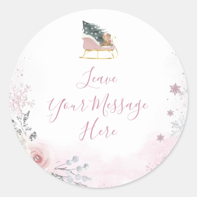 Winter Pastel Pink Snowflake Sleigh Your Message Classic Round Sticker (Front)