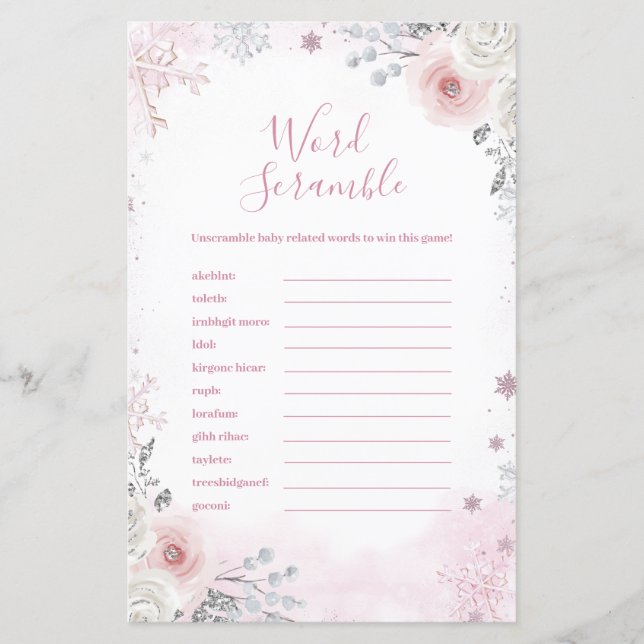 Winter Pastel Pink Snowflake Word Scramble Game (Front)
