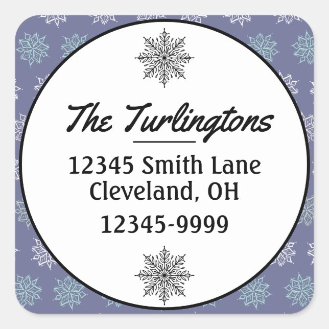 Winter Pattern Blue White Snowflake Return Address Square Sticker (Front)
