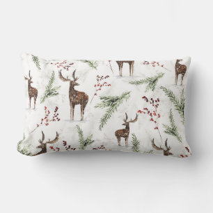 Winter Pattern Deer And Fir Needles Lumbar Pillow