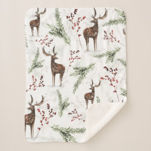 Winter Pattern Deer And Fir Needles Sherpa Blanket