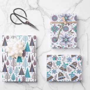 Winter Patterns with Stars in Purple and Teal Wrapping Paper Sheet