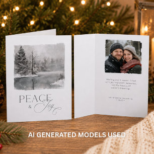 Winter Peace and Joy Watercolor Photo Holiday Card