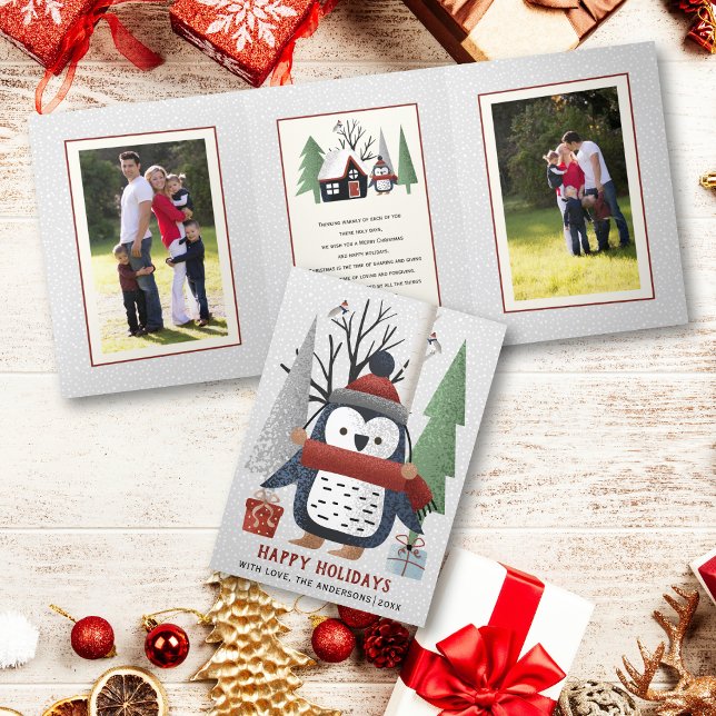 Winter penguin and trees Christmas multi photo Tri-Fold Holiday Card (Creator Uploaded)