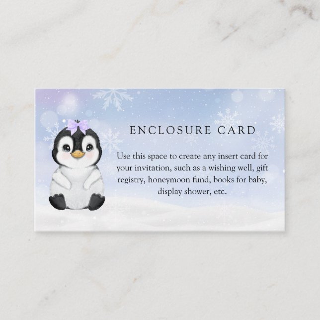 Winter Penguin Baby Shower Custom Enclosure Card (Front)