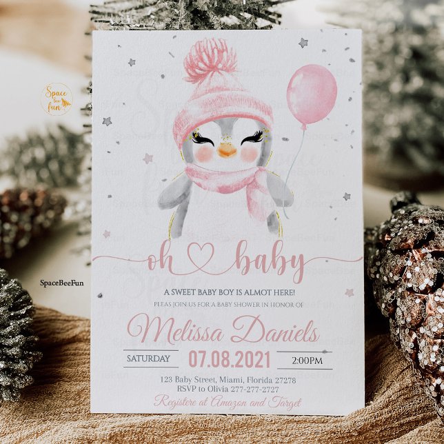 Winter Penguin baby shower invitation girl (Penguin baby shower invitation girl, penguin baby shower girl, pink penguin baby shower invitation, )