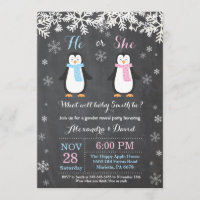 Winter Penguin Bear Gender Reveal Invitation