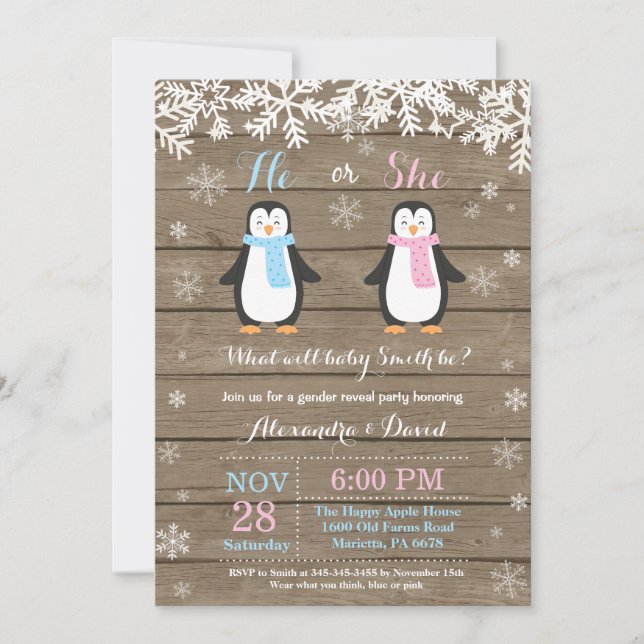 Winter Penguin Bear Gender Reveal Invitation (Front)