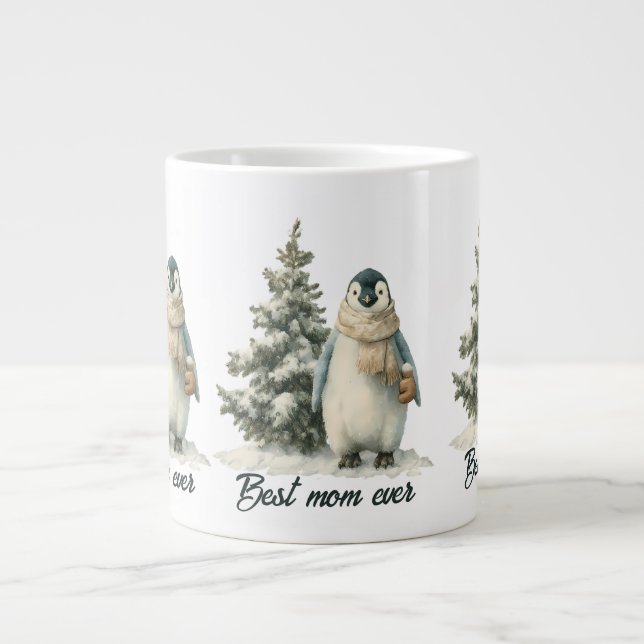 Winter Penguin “Best Mom Ever” Design Large Coffee Mug (Front)