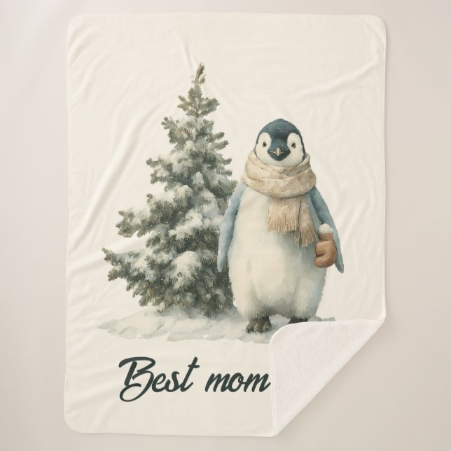 Winter Penguin “Best Mom Ever” Design Sherpa Blanket (Front)