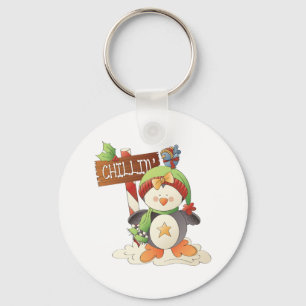 Winter Penguin & Bird Chillin Christmas Holiday  Keychain