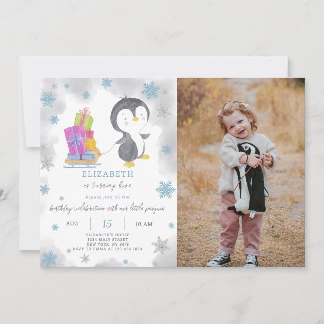 Winter Penguin Birthday Invitation With Photo (Front)