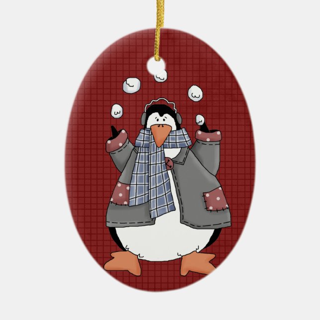 Winter Penguin Ceramic Christmas Ornament (Front)