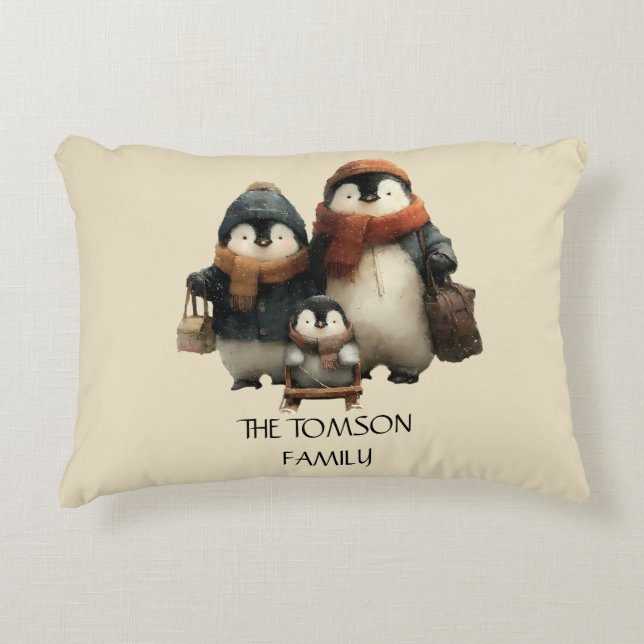 Winter Penguin Family Personalized Design Accent Pillow (Front)