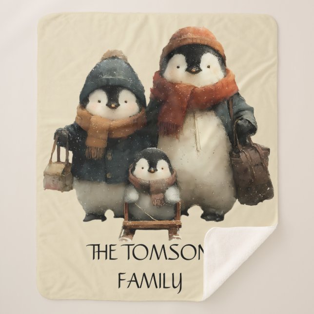 Winter Penguin Family Personalized Design Sherpa Blanket (Front)