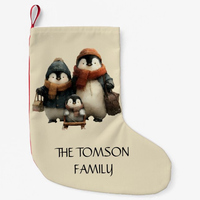 Winter Penguin Family Personalized Design Small Christmas Stocking (Front)