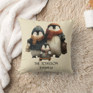 Winter Penguin Family Personalized Design Throw Pillow