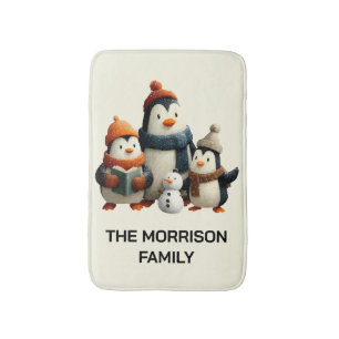 Winter Penguin Family with Snowman Bath Mat