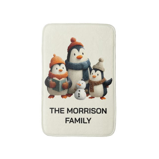 Winter Penguin Family with Snowman Bath Mat (Front Vertical)