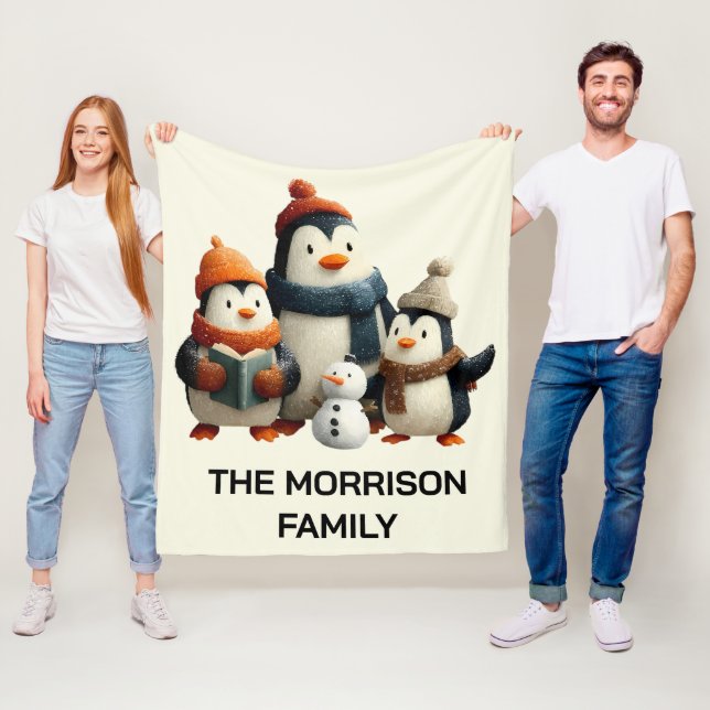 Winter Penguin Family with Snowman Fleece Blanket (In Situ)