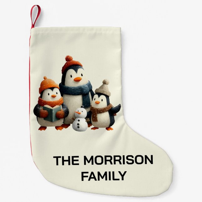 Winter Penguin Family with Snowman Small Christmas Stocking (Front)