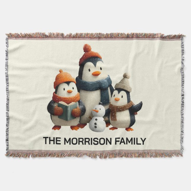 Winter Penguin Family with Snowman Throw Blanket (Front)