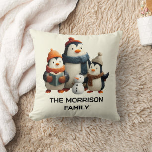 Winter Penguin Family with Snowman Throw Pillow