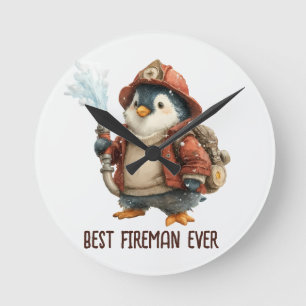 Winter Penguin Firefighter Ping Pong Paddle Round Clock