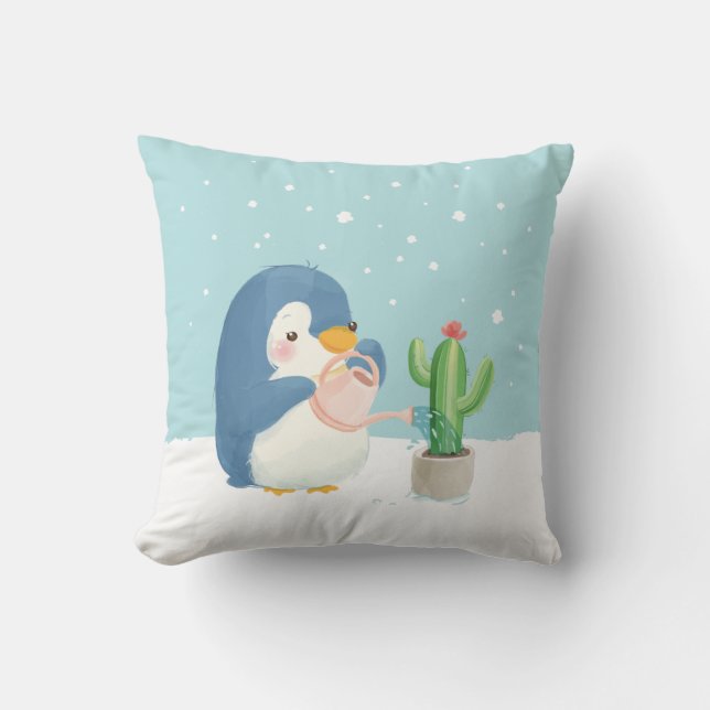 Winter Penguin Gardener Planting Cactus Throw Pillow (Front)
