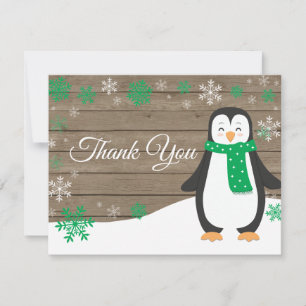 Winter Penguin Green Snowflake Thank You Card
