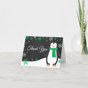 Winter Penguin Green Snowflake Thank You Card