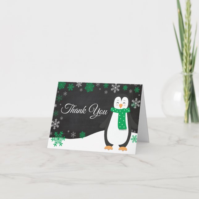 Winter Penguin Green Snowflake Thank You Card (Front)