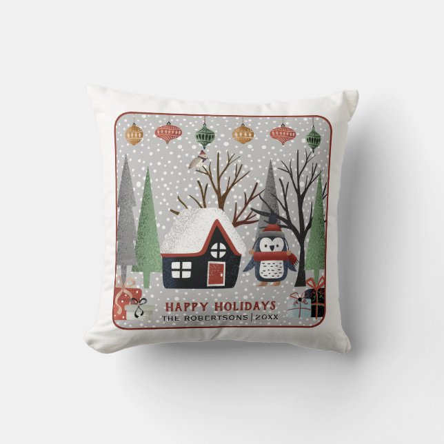 Winter penguin, Happy Holidays and snowflake Throw Pillow (Front)
