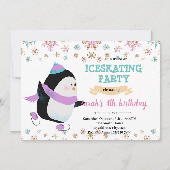 Winter penguin ice skating party invitation (Front)