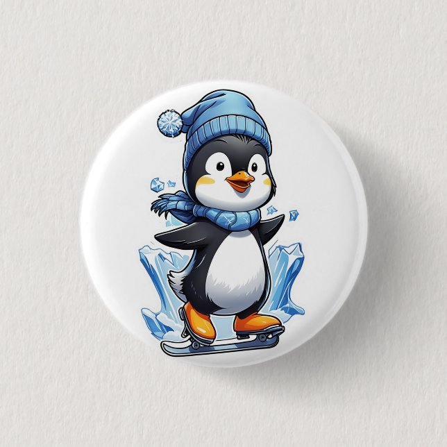 Winter Penguin Ice Staking 1 Inch Round Button (Front)