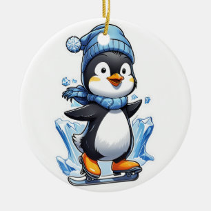 Winter Penguin Ice Staking Ceramic Ornament