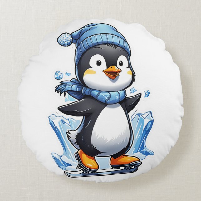 Winter Penguin Ice Staking Round Pillow (Front)