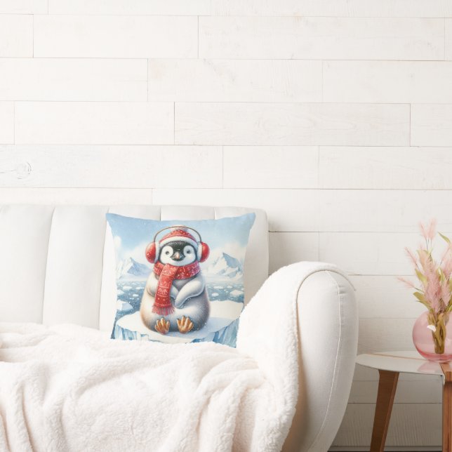 Winter Penguin In Snowflakes Throw Pillow (Couch)