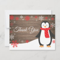 Winter Penguin Red Snowflake Thank You Card