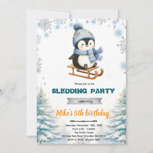 Winter penguin sledding invitation