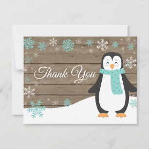 Winter Penguin Snowflake Aqua Thank You Card
