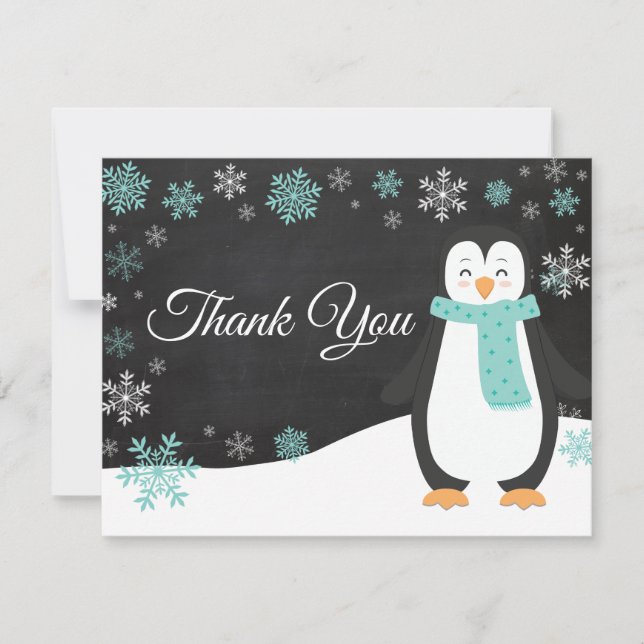 Winter Penguin Snowflake Aqua Thank You Card (Front)