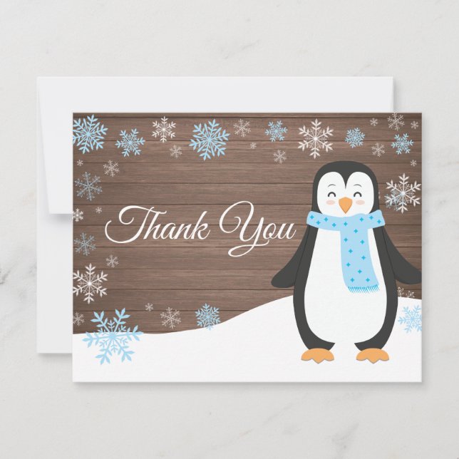 Winter Penguin Snowflake Blue Thank You Card (Front)
