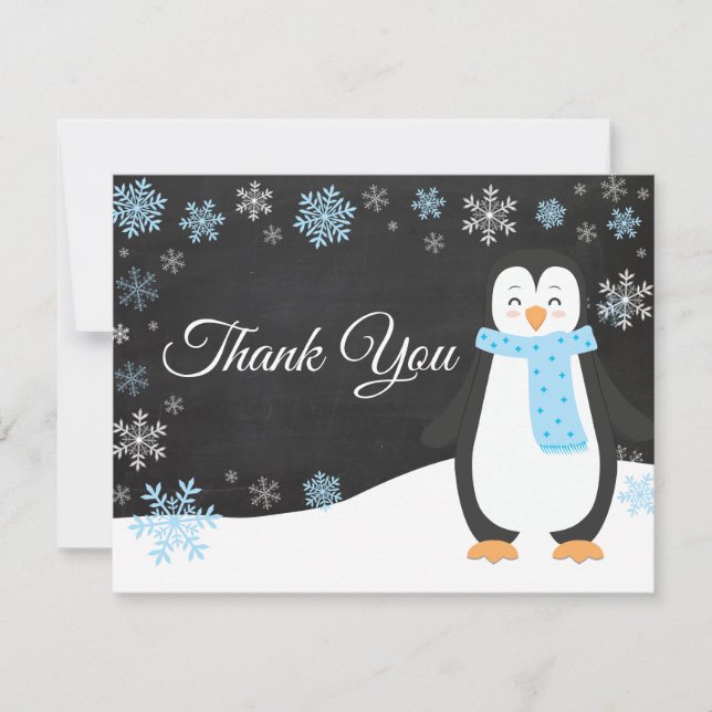 Winter Penguin Snowflake Blue Thank You Card (Front)