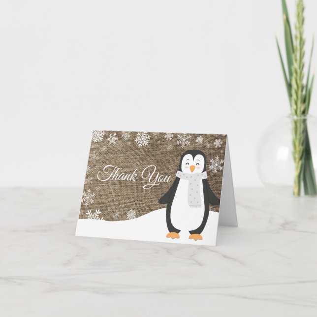 Winter Penguin Snowflake Burlap Thank You Card (Front)
